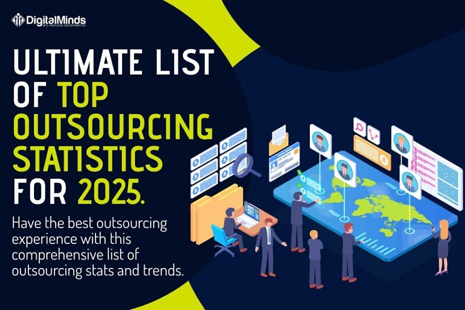 Illustration of people analyzing outsourcing statistics on computer screens, with text: "Ultimate List of Top Outsourcing Statistics for 2025" by Digital Minds.