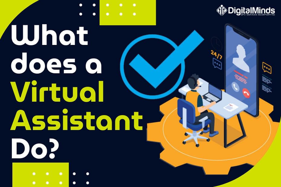 Illustration of a person using a computer and smartphone, alongside the text "What do Virtual Assistants Do?" with a checkmark symbol.