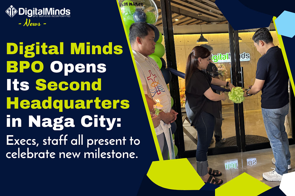 Three people stand by as a woman cuts a ribbon at an office entrance for Digital Minds BPO’s second headquarters opening in Naga City. A banner highlights the event details.
