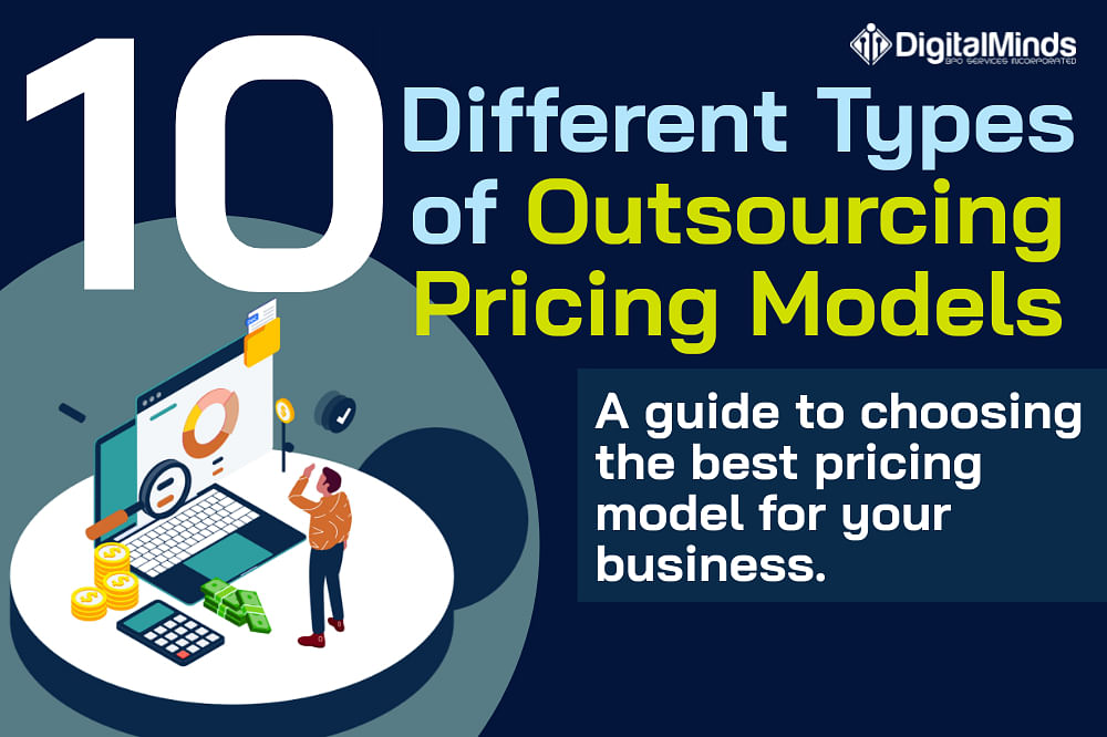 Illustration of a person standing by a desk with a laptop, titled "10 Different Types of Outsourcing Pricing Models," promoting a guide on choosing pricing models for businesses.