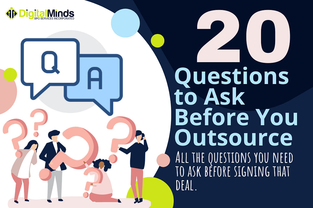 Illustration of people surrounded by question marks and speech bubbles featuring "Q" and "A". Text: "20 Questions to Ask Before You Outsource." Logo: Digital Minds. Perfect for those seeking essential outsourcing questions to make informed decisions.