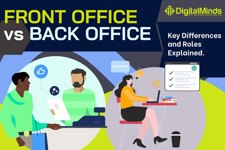 Illustration of front office vs back office roles with diverse characters, a laptop, and a chart. Text: "Key Differences and Roles Explained." Logo: DigitalMinds.