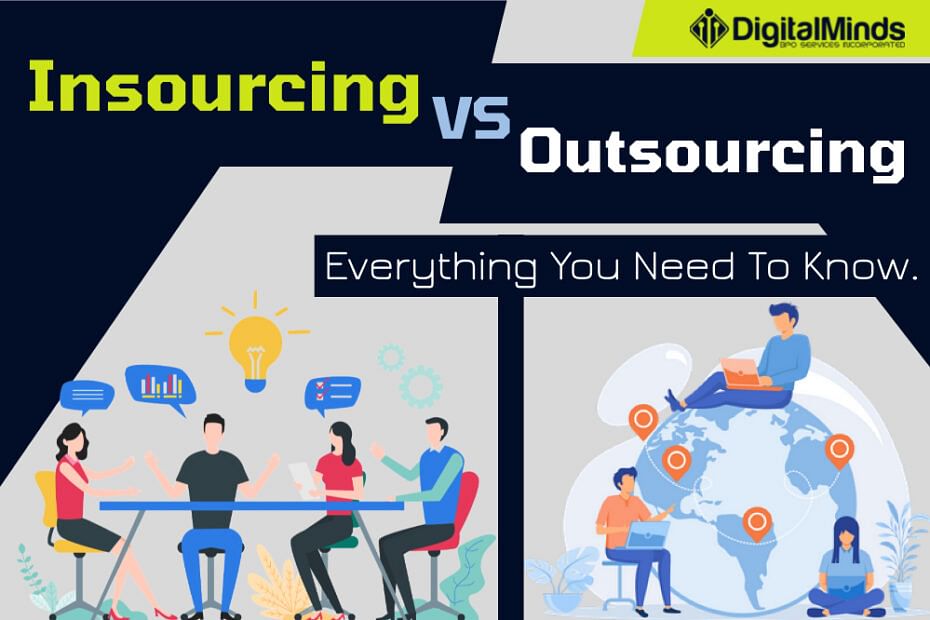 Illustration comparing insourcing vs outsourcing, featuring people collaborating at a table and another person sitting on a globe with a laptop. Text reads "Everything You Need to Know.
