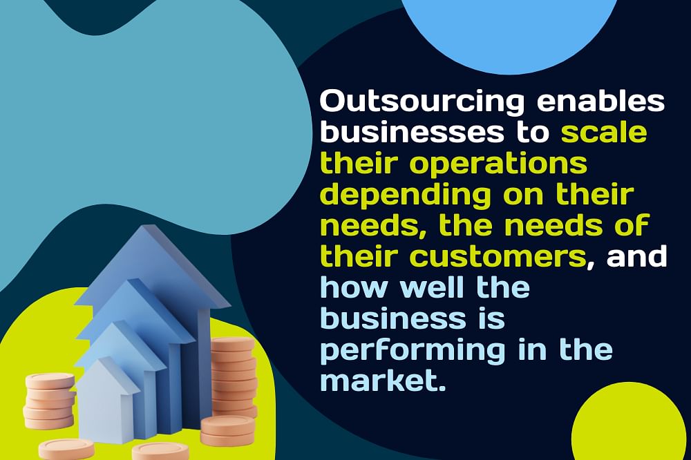 Stylized image with text about outsourcing benefits, showing arrow-shaped blocks and stacks of coins, on a colorful abstract background.