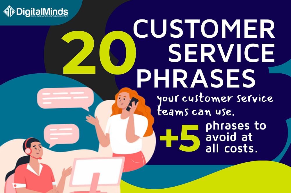 Illustration with two people talking, a computer, and text about 20 customer service phrases to use and 5 to avoid. Digital Minds logo in the top left corner.