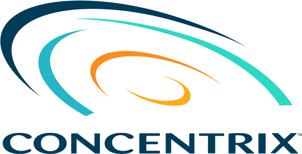 Concentrix logo featuring swirling abstract lines in blue, teal, and orange above the company name in bold letters.