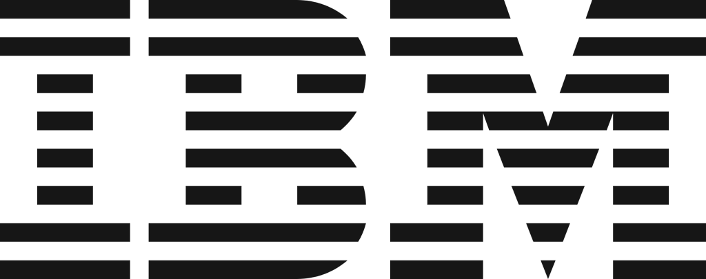 Black IBM logo with horizontal stripes on a white background.