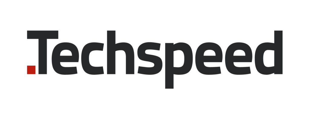 Logo of "Techspeed" in bold black text with a red dot before the "T".