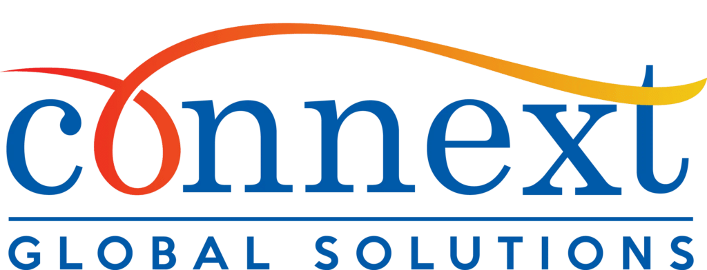 Logo of Connext Global Solutions with "connext" in blue, featuring an orange and yellow swoosh, and "GLOBAL SOLUTIONS" in smaller blue font below.