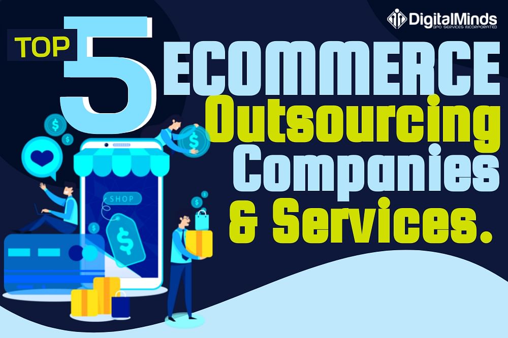Illustration of "Top 5 eCommerce Outsourcing Companies & Services" with digital graphics of shopping and transaction symbols.