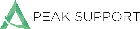 Logo of Peak Support featuring a stylized green mountain with the company name in capital letters.