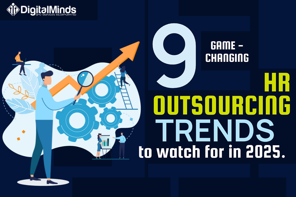 Illustration of people with gears and an upward arrow, accompanied by text: "9 Game-Changing HR Outsourcing Trends to Watch for in 2025." Logo in the top left corner.