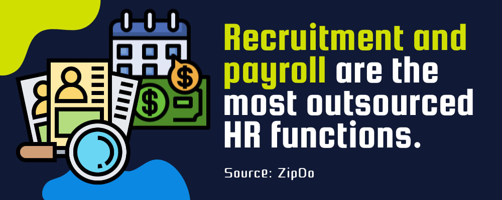 Illustration of recruitment and payroll icons with text: "Recruitment and payroll are the most outsourced HR functions. Source: ZipDo.