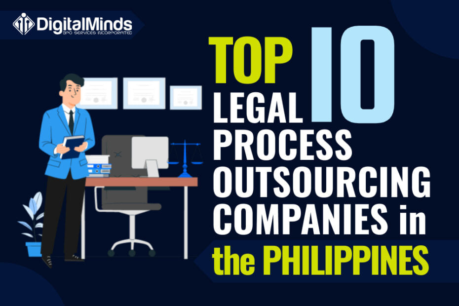 Illustration of a professional standing by a desk, next to text: "Top 10 Legal Process Outsourcing Companies in the Philippines," with Digital Minds logo.