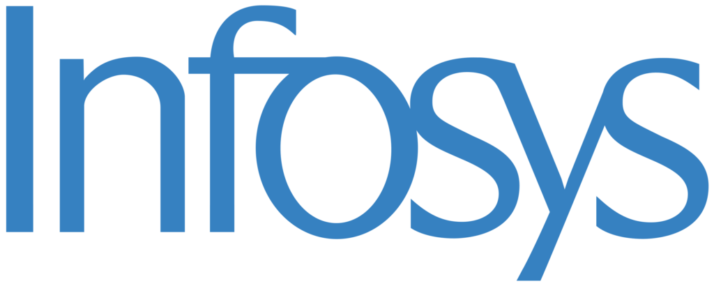 Infosys company logo in blue text on a transparent background.