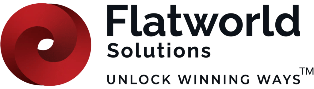 Flatworld Solutions logo with a red circular emblem and the tagline "Unlock Winning Ways.