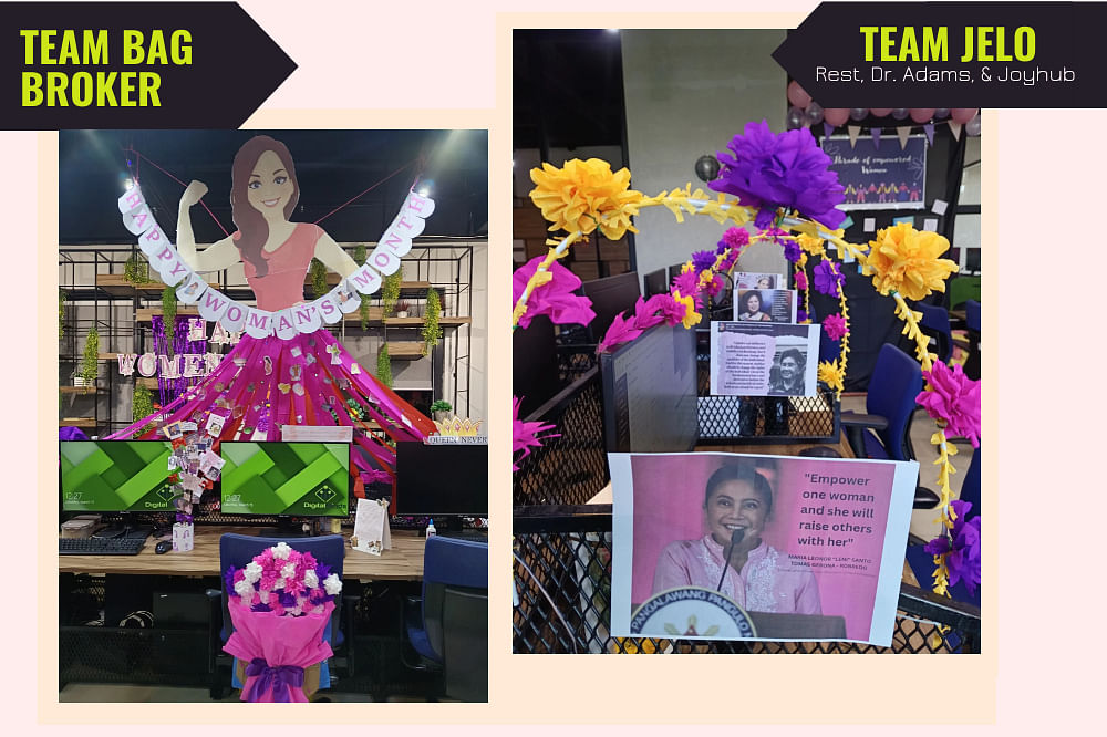 Decorated office desks with flowers and posters. One poster has a quote: