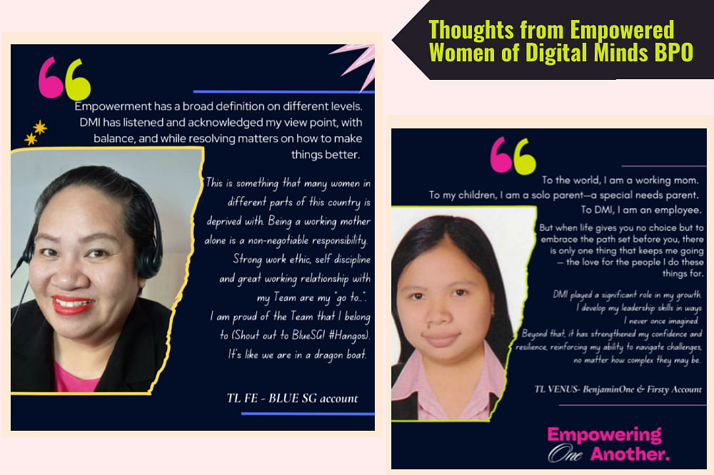 Two women featured with quotes about empowerment in a workplace setting. The design includes bold colors and text excerpts highlighting their experiences and positive working environment.