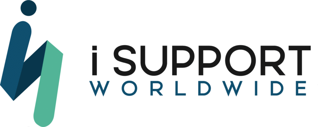 The image shows the "i Support Worldwide" logo with a stylized "i" icon next to the text "i SUPPORT WORLDWIDE" in black and blue capital letters.