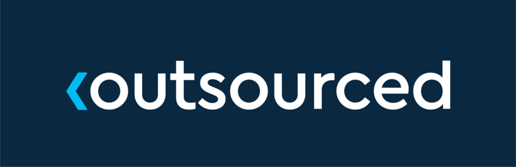 The word "outsourced" in white lowercase letters on a dark blue background, with a blue less-than symbol before the "o.