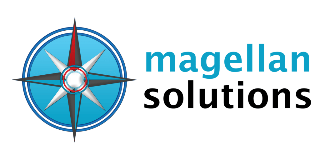 A blue and white compass rose logo is displayed to the left of the word "magellan" in lowercase blue letters on a transparent background.