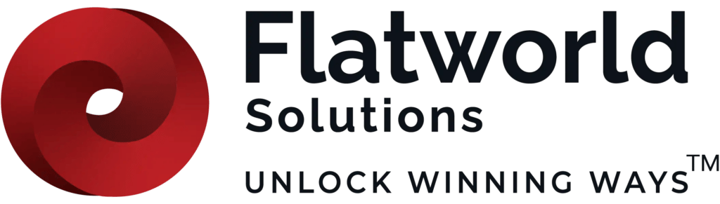 Flatworld Solutions logo featuring a red circular design on the left and the text "Flatworld Solutions Unlock Winning Ways" to the right.